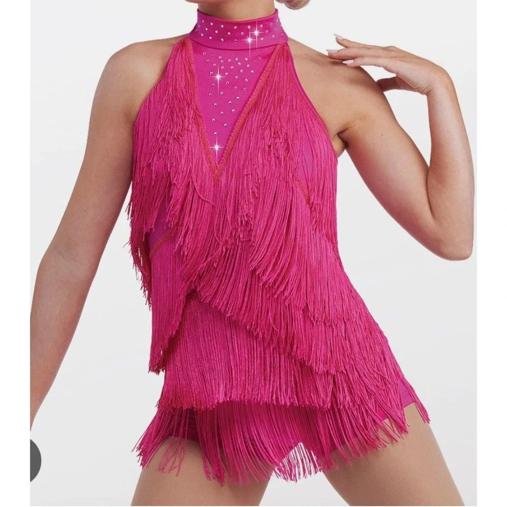 Weissman Hot Pink Fringe Jazz Dance Rhinestone Spice Up Your Life 14130 MC Sassy